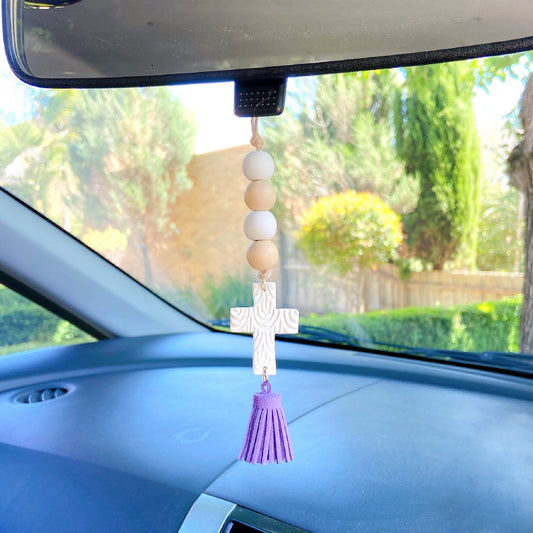 Handmade Cross Car Charm with Wooden Beads and Suede Tassel