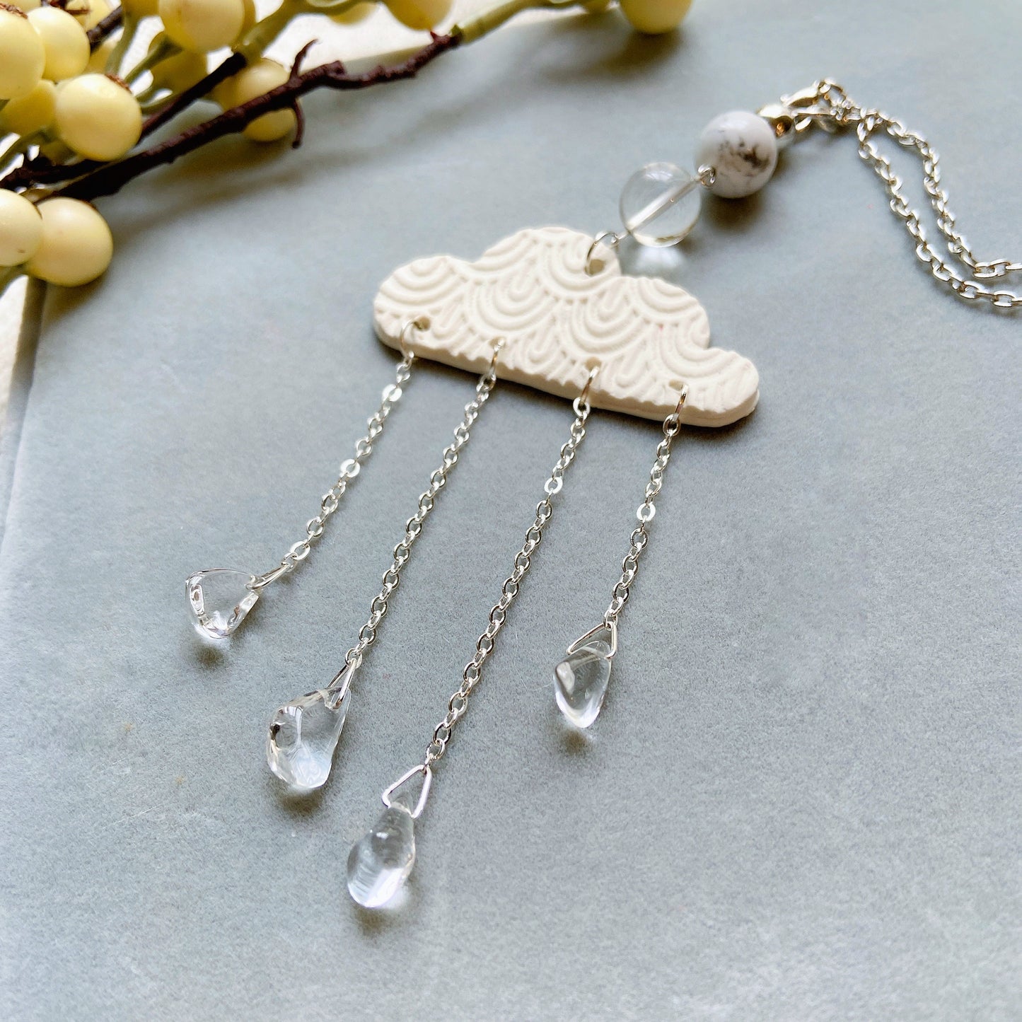 Handmade Moon & Crystal Car Charm – Polymer Clay Crescent with Glass Teardrop