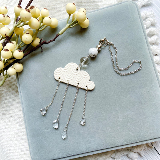 Cloud and Crystal Raindrop with White Turquoise Stone Car Charm