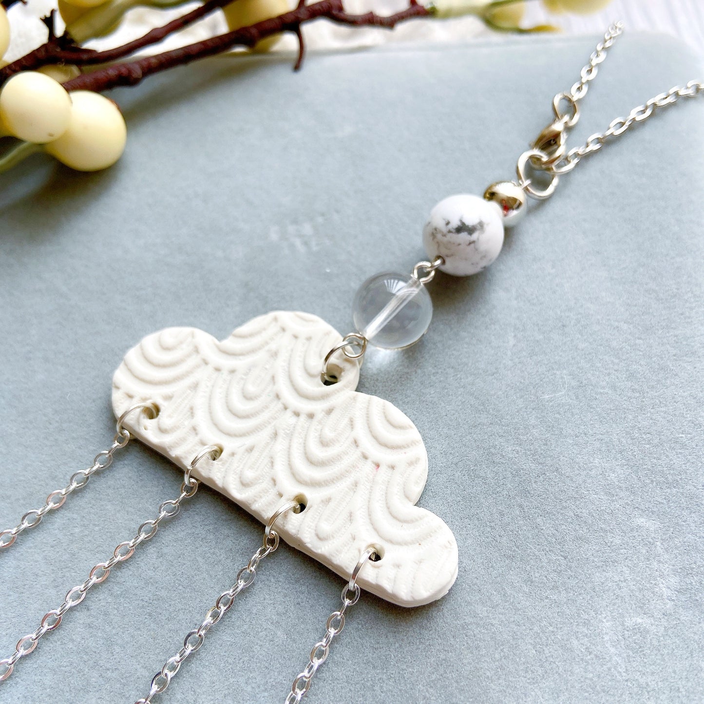 Handmade Moon & Crystal Car Charm – Polymer Clay Crescent with Glass Teardrop