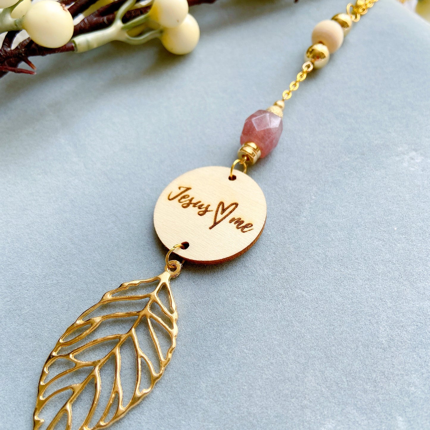 Strawberry Quartz Bible Message with Gold Leaf Essential Oil Car Hanging Charm