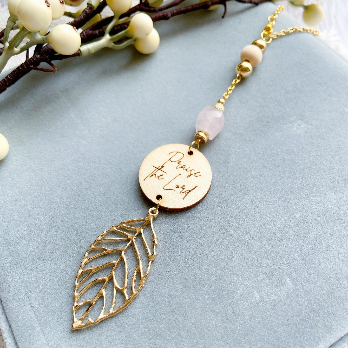 Rose Quartz Bible Message with Gold Leaf Essential Oil Car Hanging Charm
