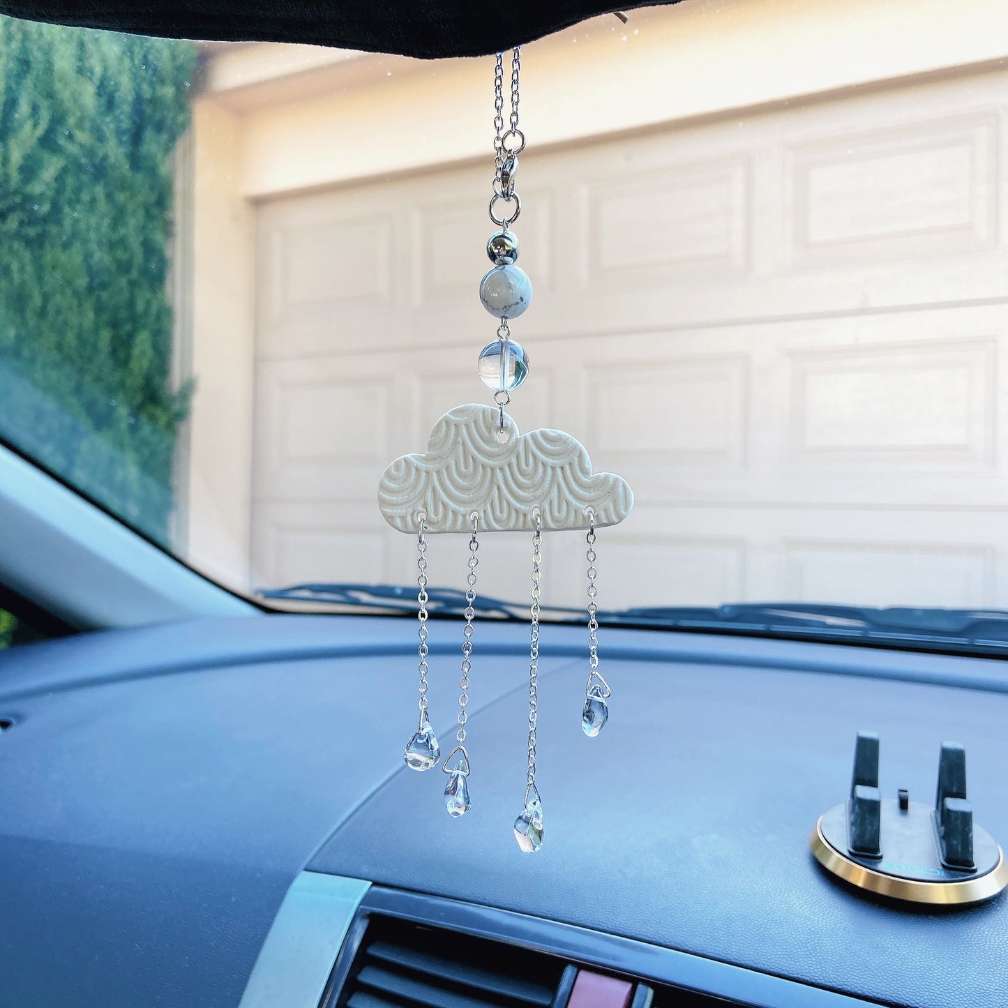 Handmade Moon & Crystal Car Charm – Polymer Clay Crescent with Glass Teardrop