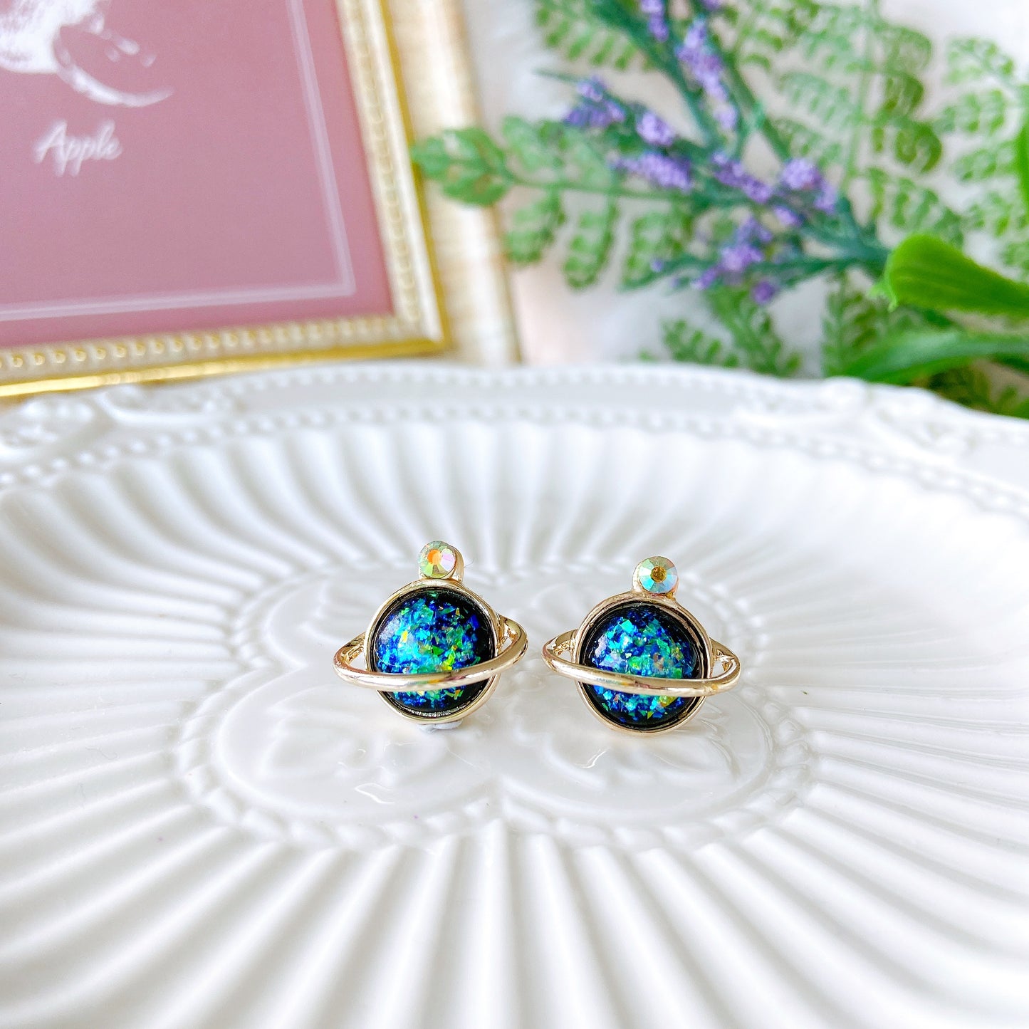 Symphony Blue Glitter Galaxy Planet Hypoallergenic Stud Earrings