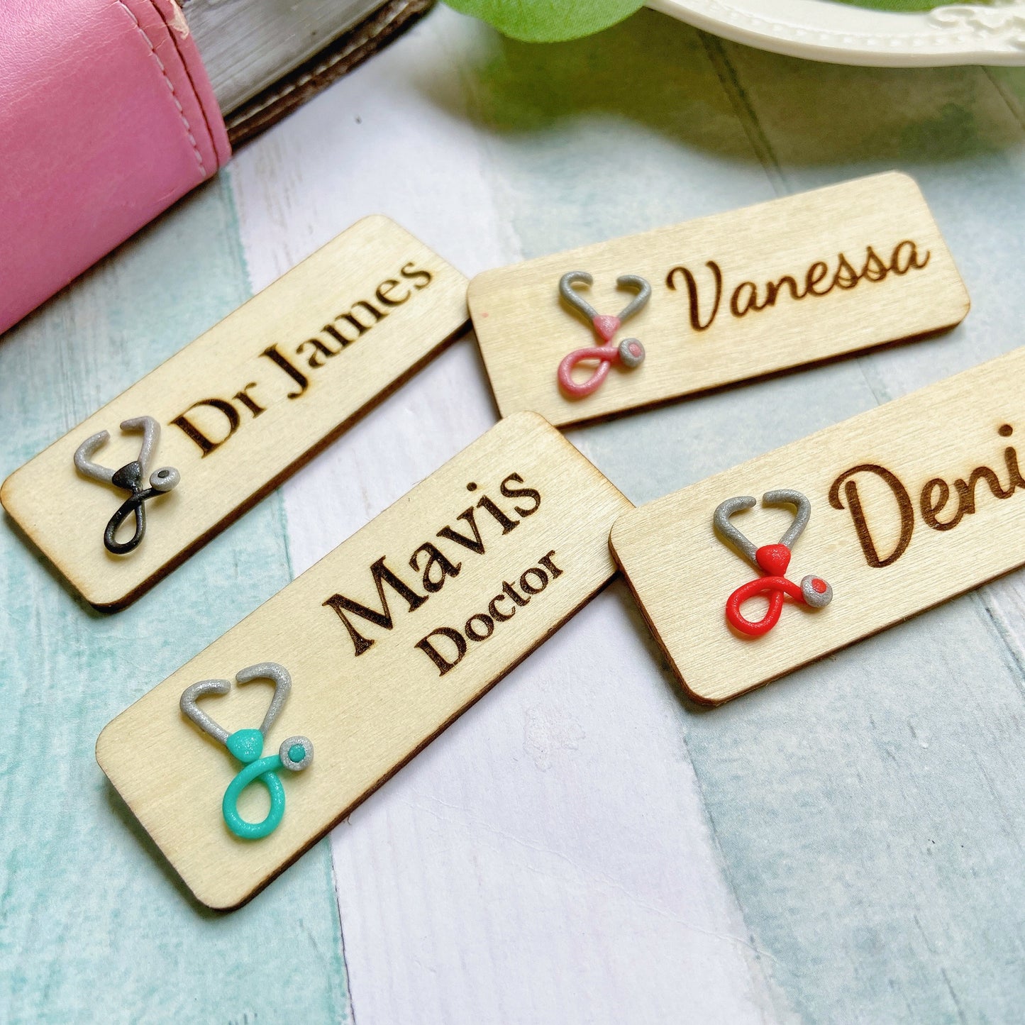 Handmade 3D Pink Doctor Stethoscope Personalised Name Tag