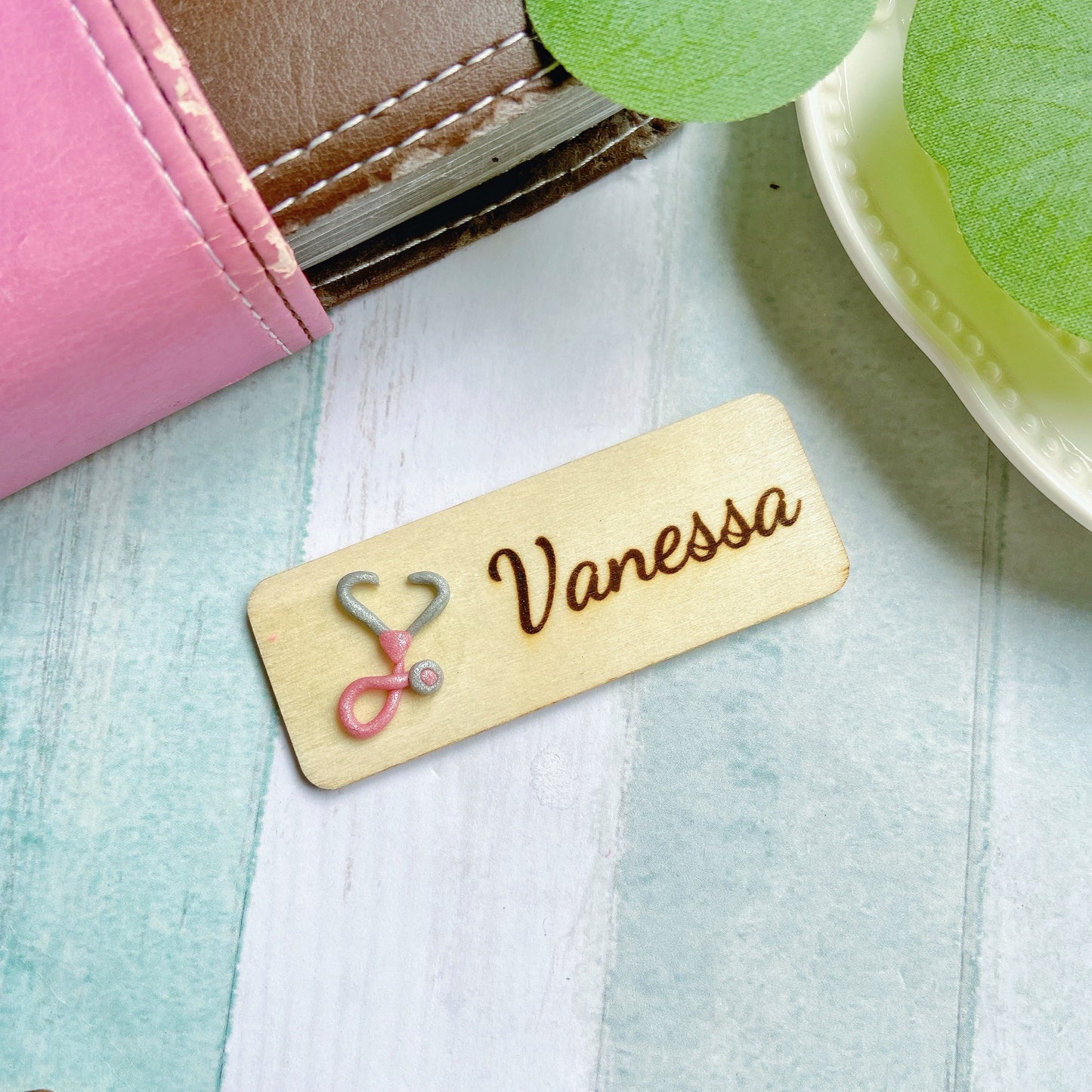 Handmade 3D Pink Doctor Stethoscope Personalised Name Tag