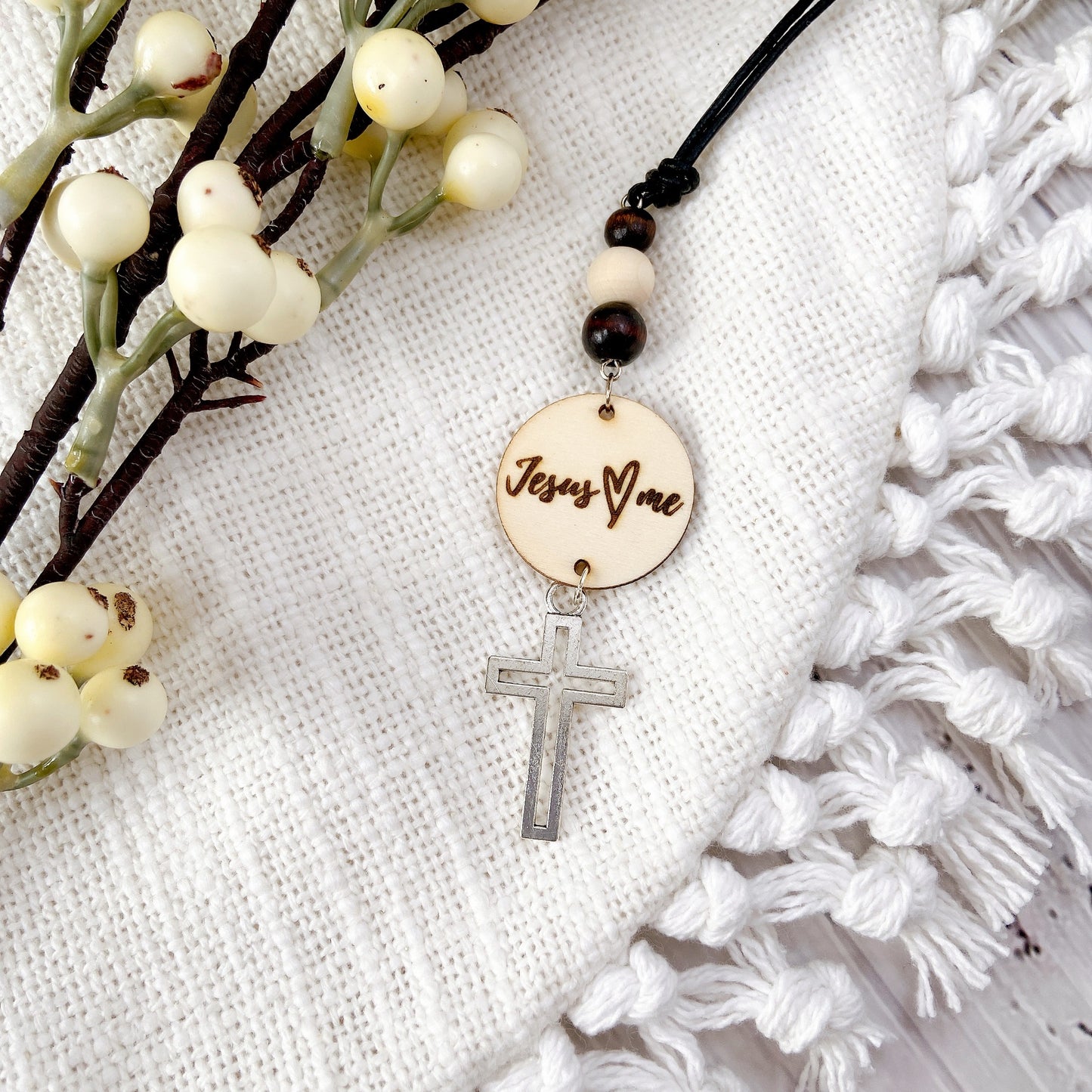 Silver Cross Bible Verse with Wooden Beads Essential Oil Car Hanging Charm