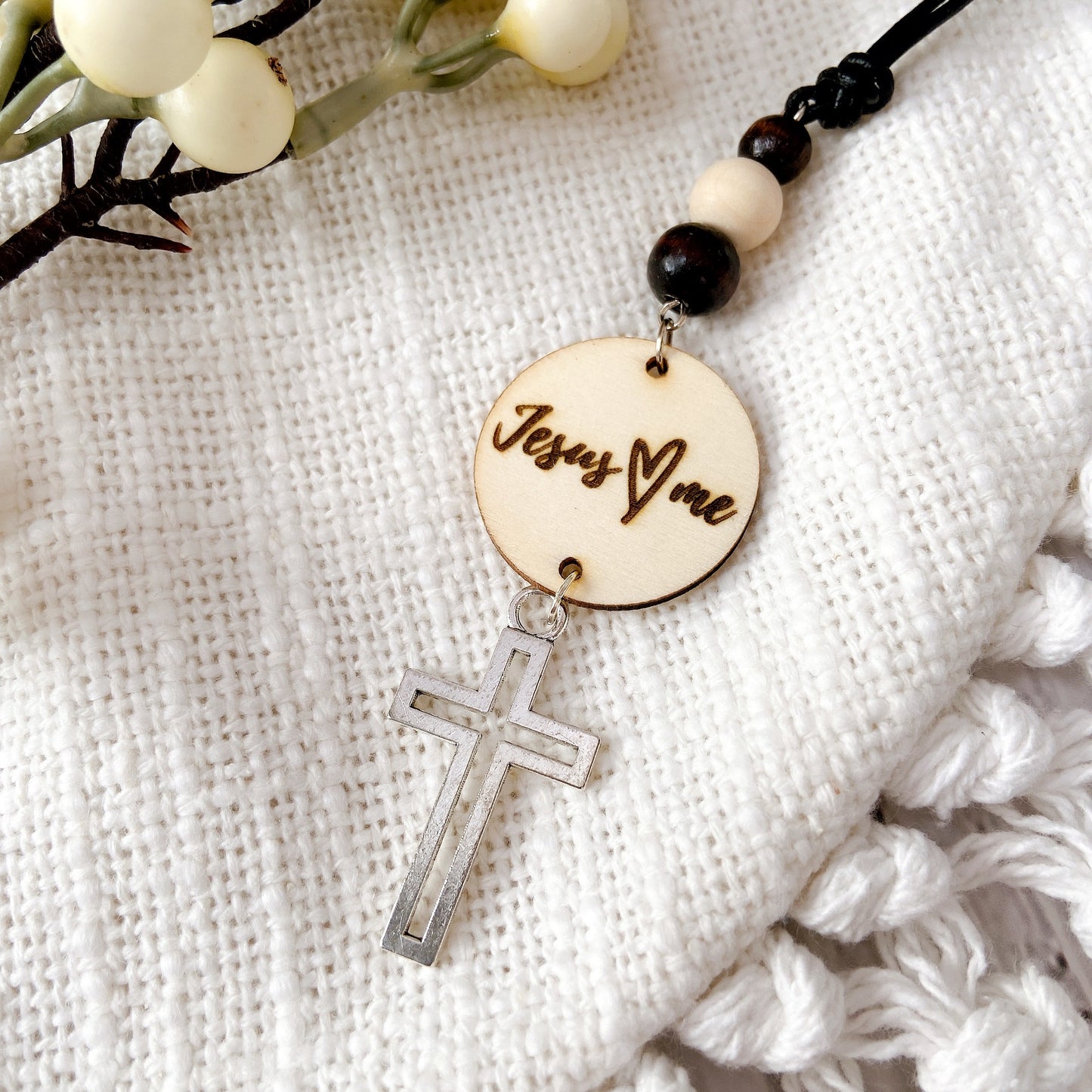 Silver Cross Bible Verse with Wooden Beads Essential Oil Car Hanging Charm