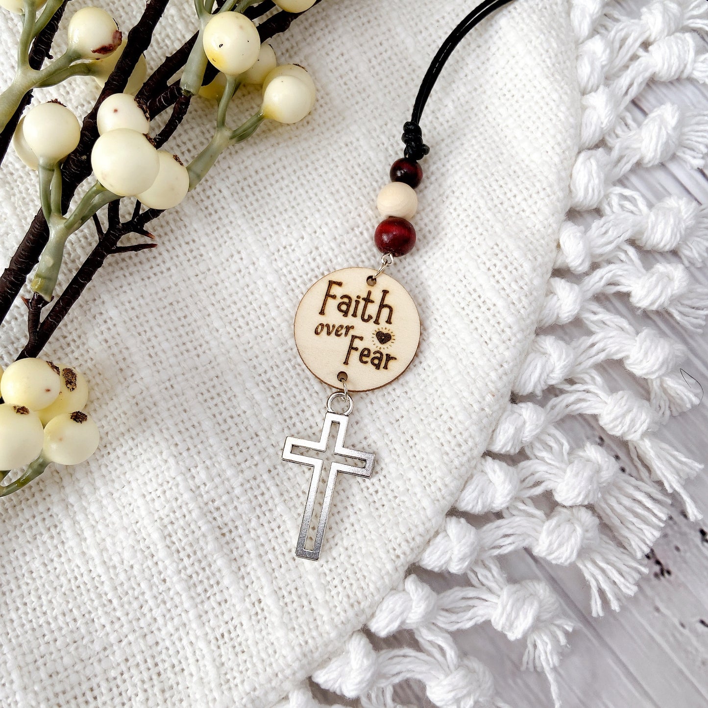 Silver Cross Bible Verse with Wooden Beads Essential Oil Car Hanging Charm