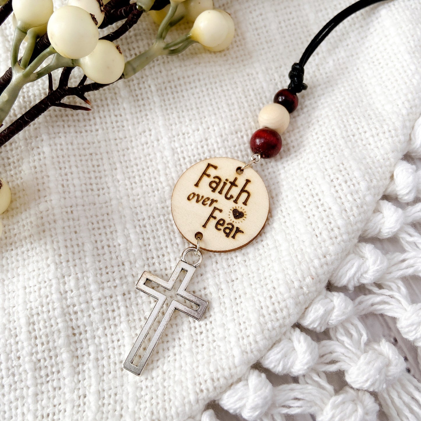 Silver Cross Bible Verse with Wooden Beads Essential Oil Car Hanging Charm