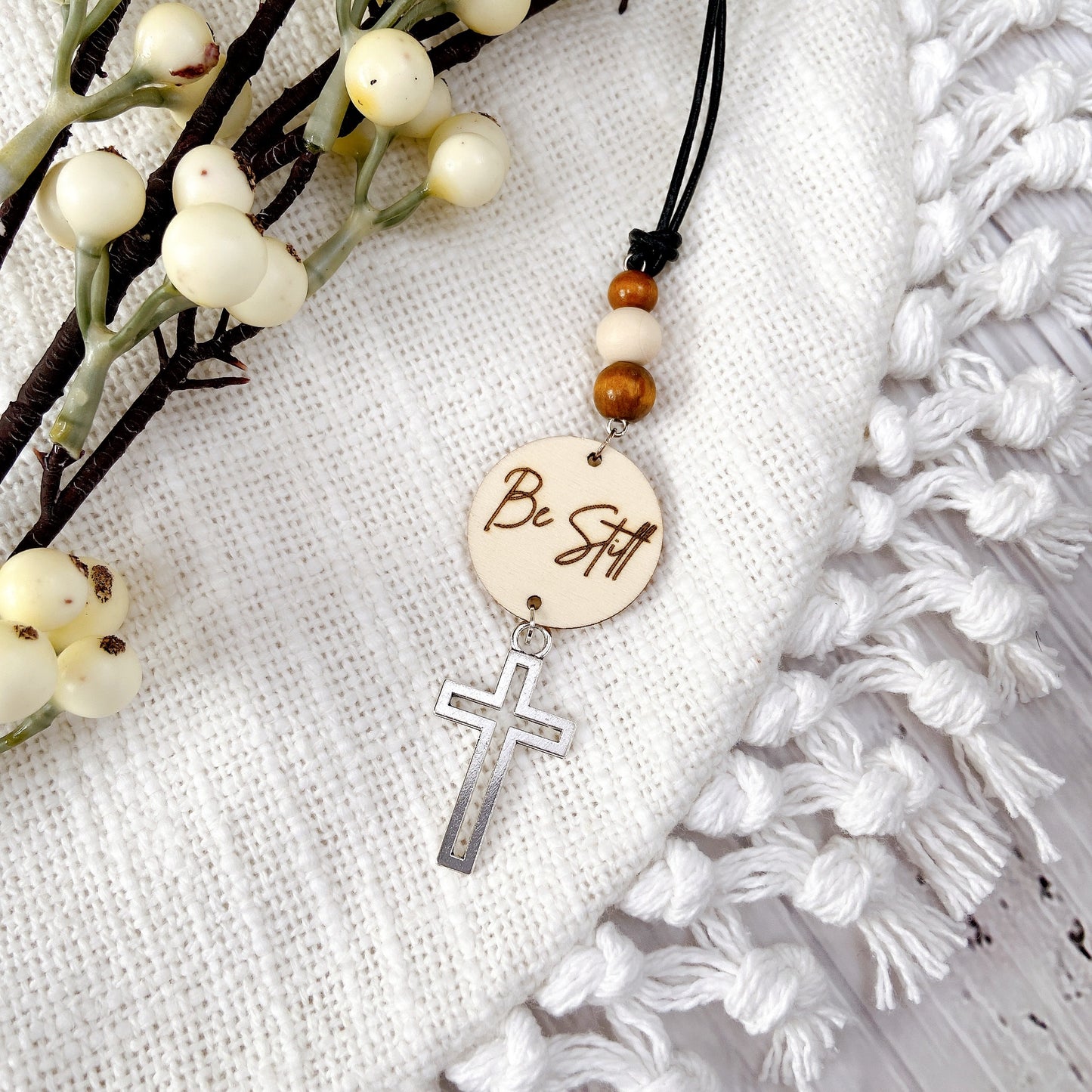 Silver Cross Bible Verse with Wooden Beads Essential Oil Car Hanging Charm