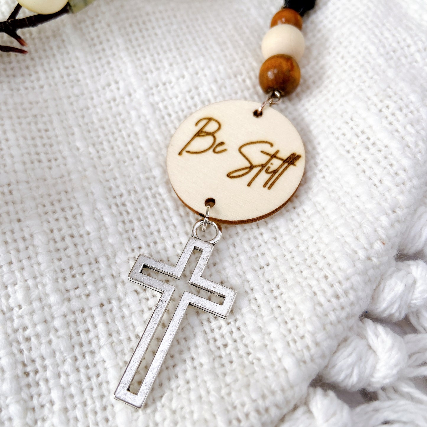 Silver Cross Bible Verse with Wooden Beads Essential Oil Car Hanging Charm