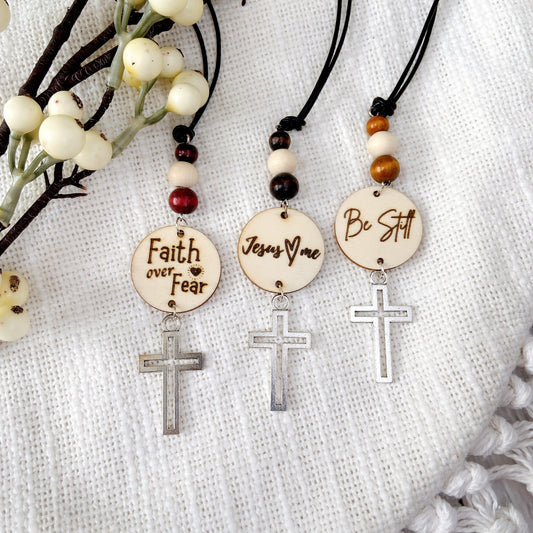 Silver Cross Bible Verse with Wooden Beads Essential Oil Car Hanging Charm