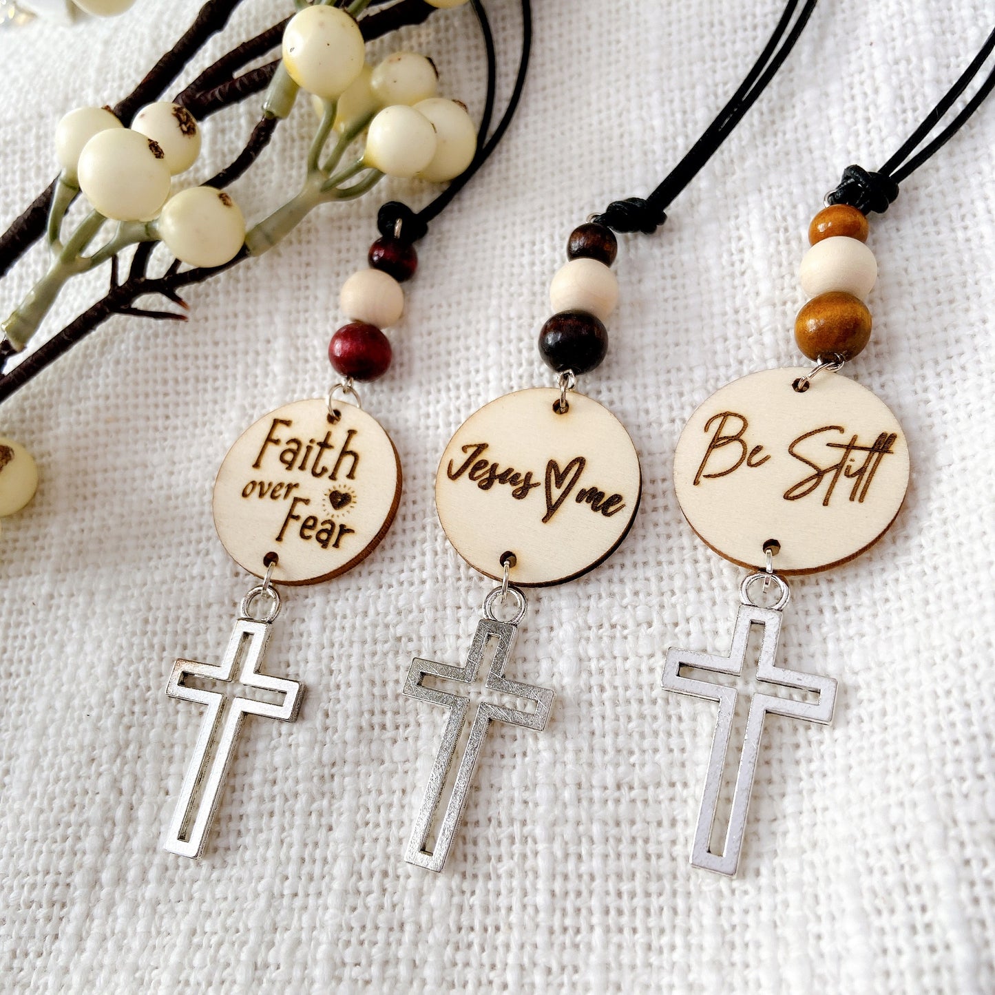 Silver Cross Bible Verse with Wooden Beads Essential Oil Car Hanging Charm