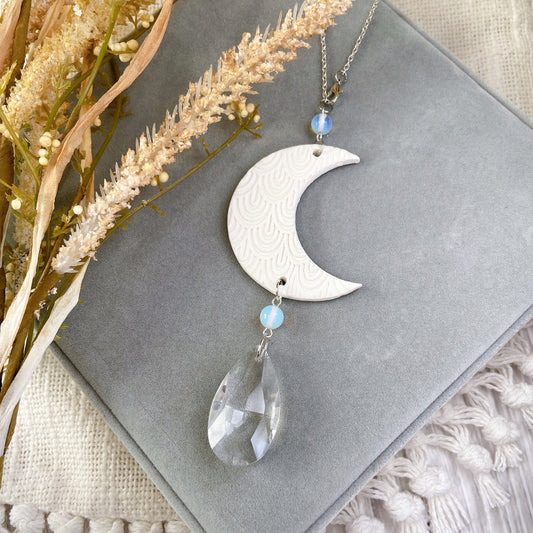 Handmade Moon & Crystal Car Charm – Polymer Clay Crescent with Glass Teardrop
