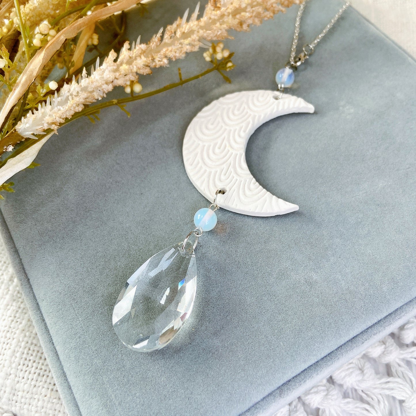 Handmade Moon & Crystal Car Charm – Polymer Clay Crescent with Glass Teardrop