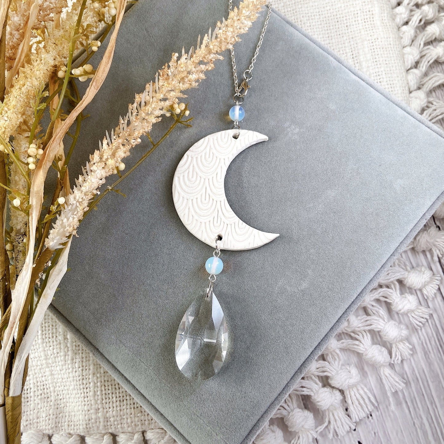 Handmade Moon & Crystal Car Charm – Polymer Clay Crescent with Glass Teardrop