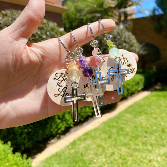 Inspirational Wooden Cross Keychain with Natural Gemstone Beads – Faith Quote Series