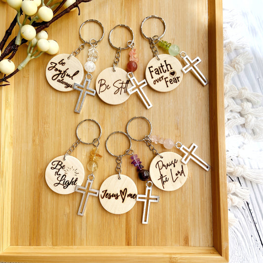 Inspirational Wooden Cross Keychain with Natural Gemstone Beads – Faith Quote Series