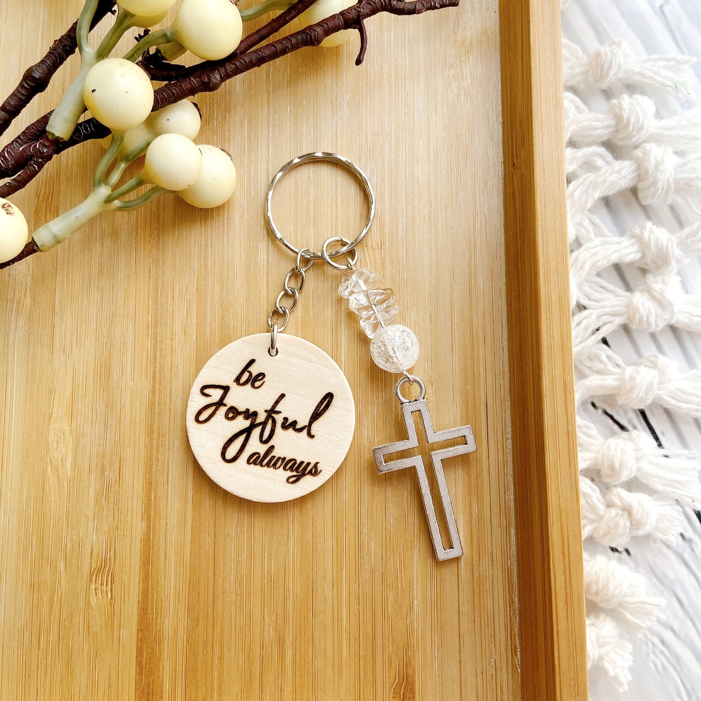 Inspirational Wooden Cross Keychain with Natural Gemstone Beads – Faith Quote Series