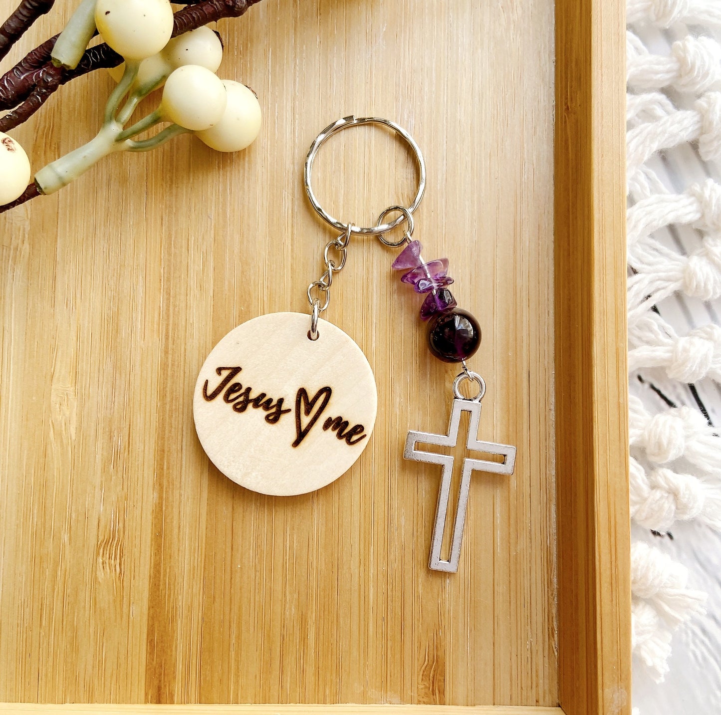 Inspirational Wooden Cross Keychain with Natural Gemstone Beads – Faith Quote Series