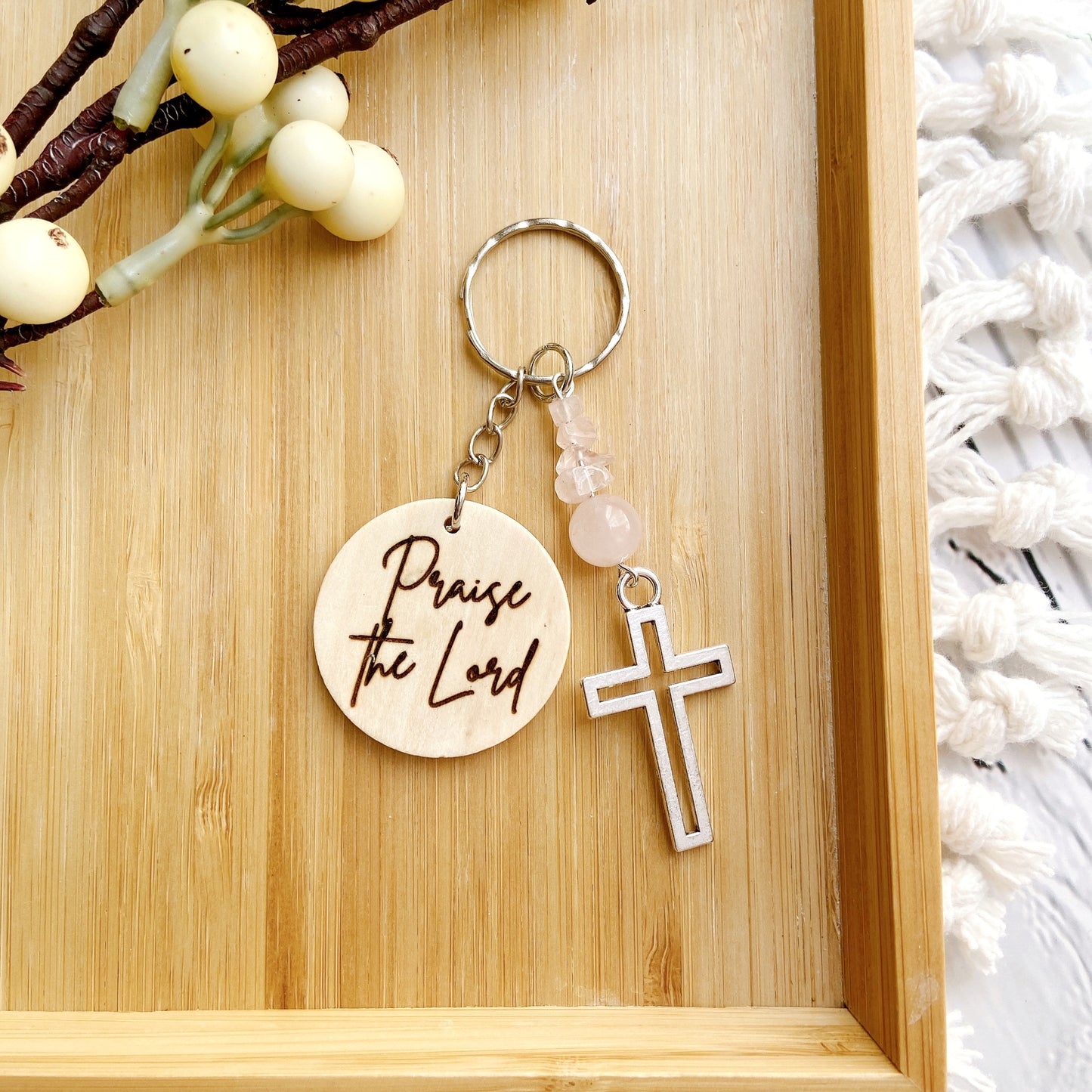 Inspirational Wooden Cross Keychain with Natural Gemstone Beads – Faith Quote Series