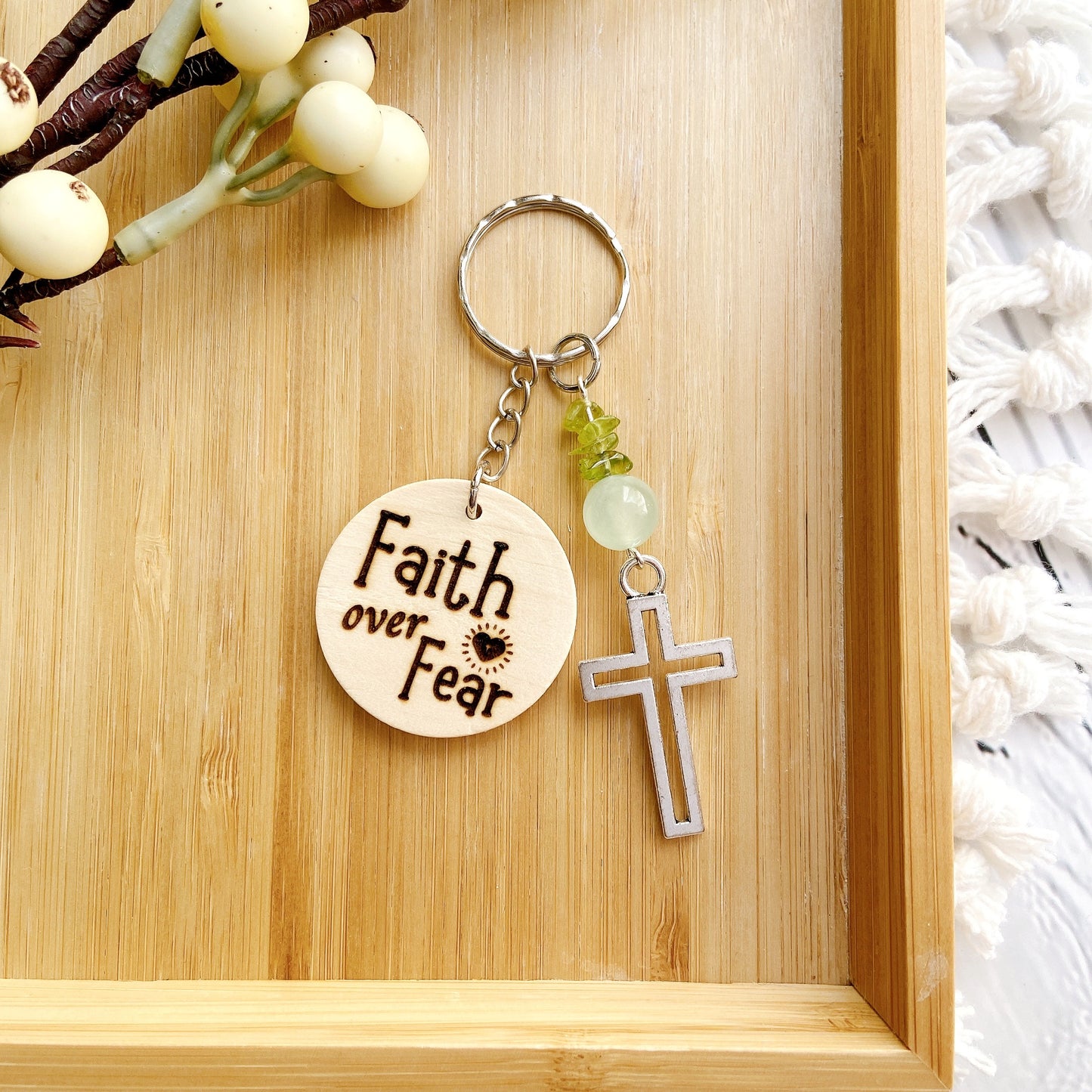 Inspirational Wooden Cross Keychain with Natural Gemstone Beads – Faith Quote Series