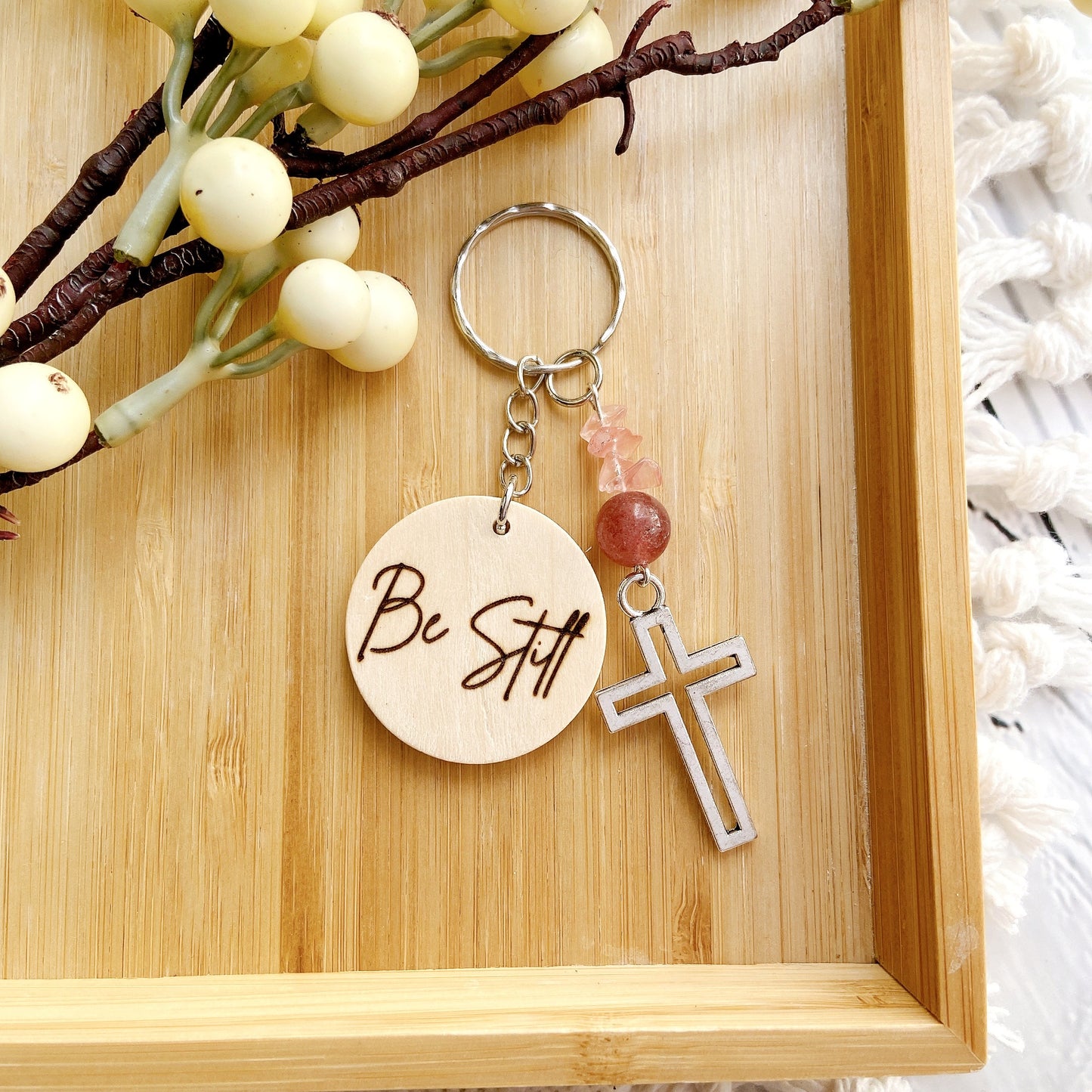 Inspirational Wooden Cross Keychain with Natural Gemstone Beads – Faith Quote Series