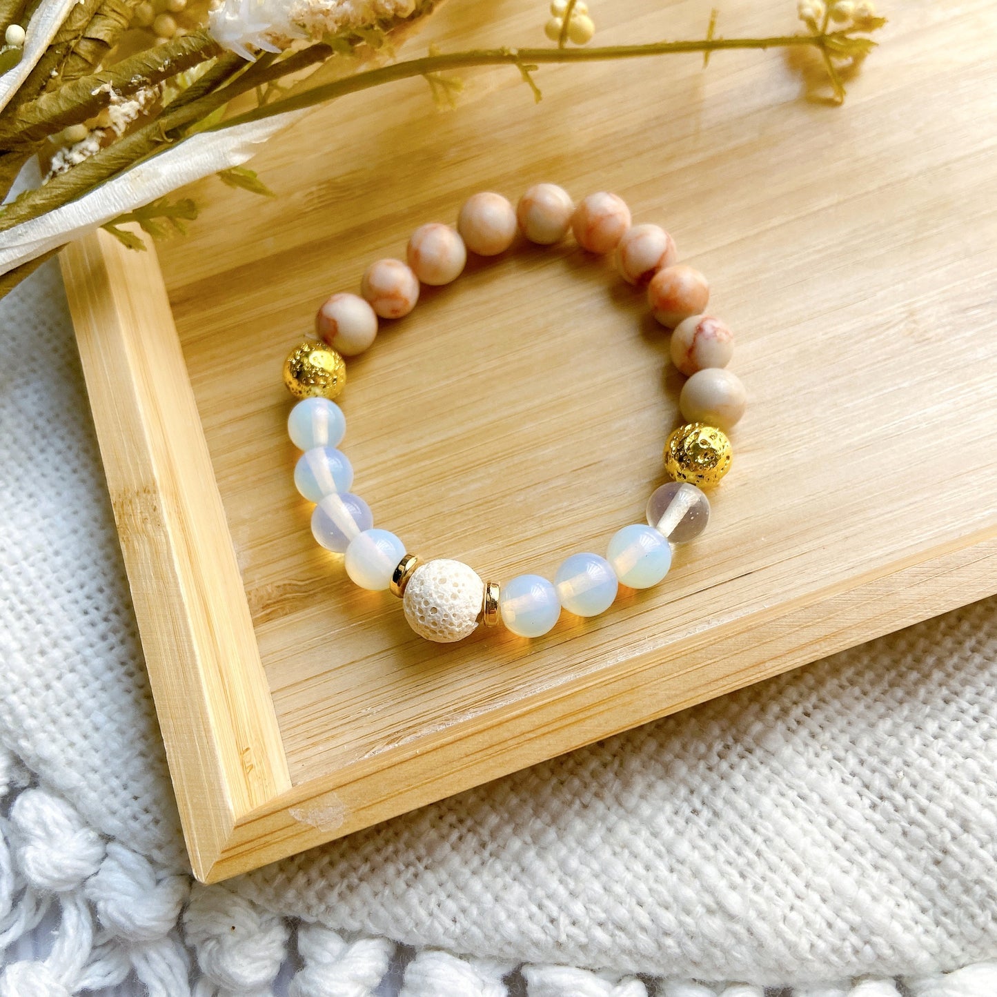 Netstone Jasper Natural Stone and Opalite Bracelet with Lava Bead – Calming & Diffuser Design