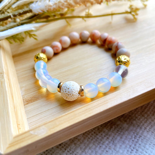 Netstone Jasper Natural Stone and Opalite Bracelet with Lava Bead – Calming & Diffuser Design
