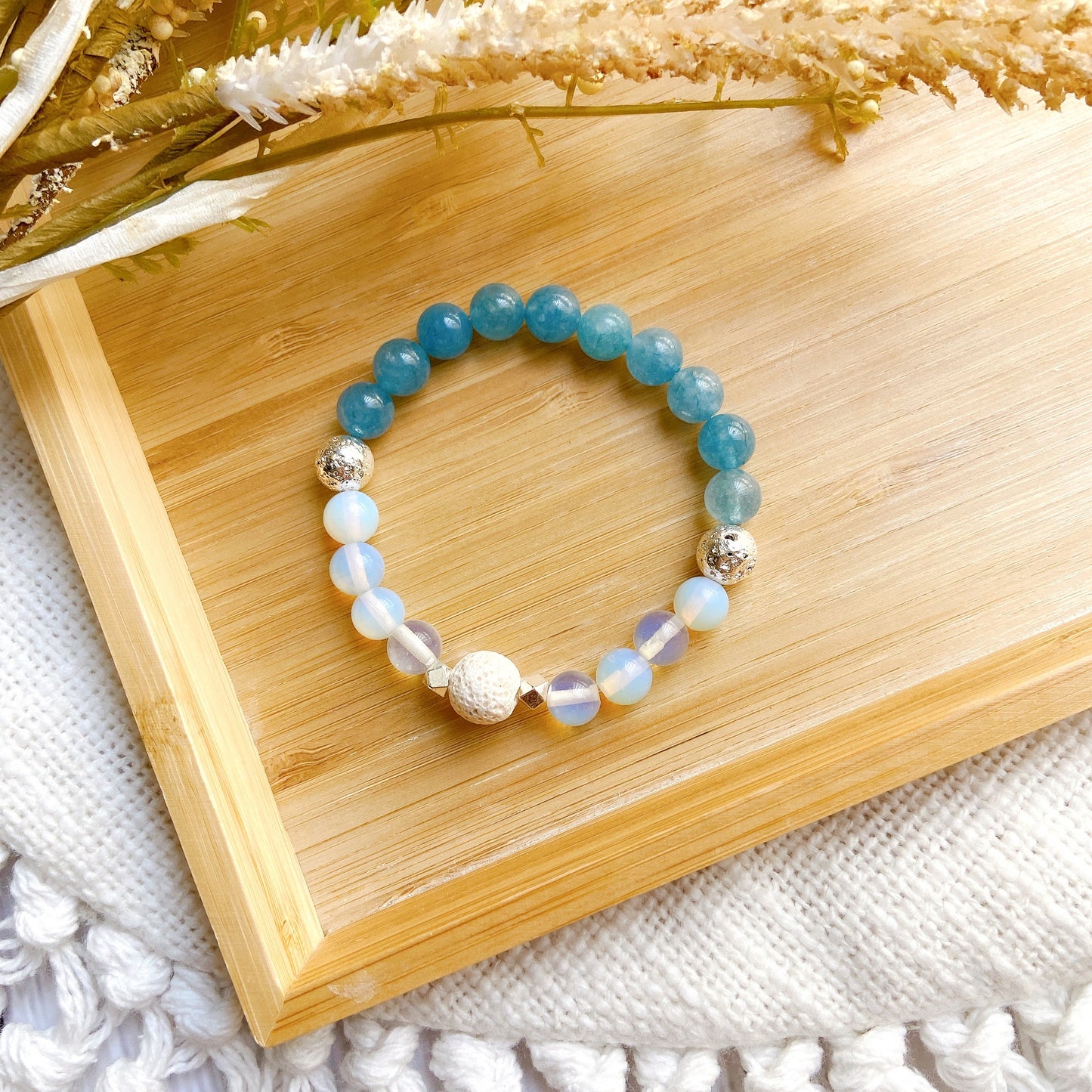Aquamarine Natural Stone and Opalite Bracelet with Lava Bead – Calming & Diffuser Design