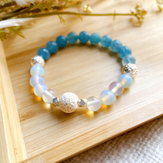 Aquamarine Natural Stone and Opalite Bracelet with Lava Bead – Calming & Diffuser Design