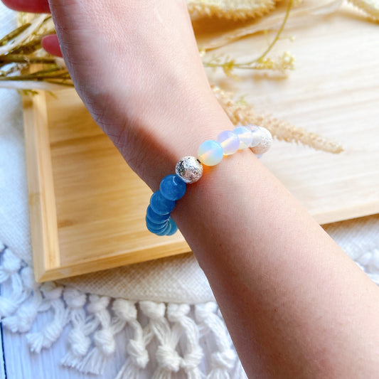 Aquamarine Natural Stone and Opalite Bracelet with Lava Bead – Calming & Diffuser Design