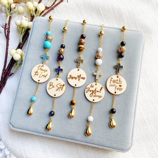 Druzy Blue Sandstone Gemstone Cross Bible Verse with Lava Stones Car Hanging Charm