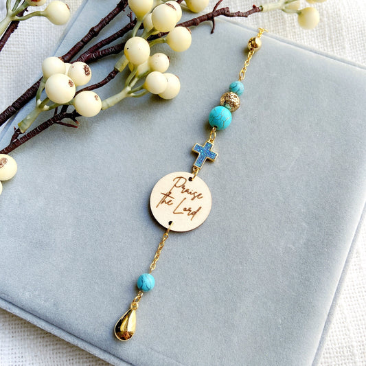 Druzy Blue Turquoise Gemstone Cross Bible Verse with Lava Stones Car Hanging Charm