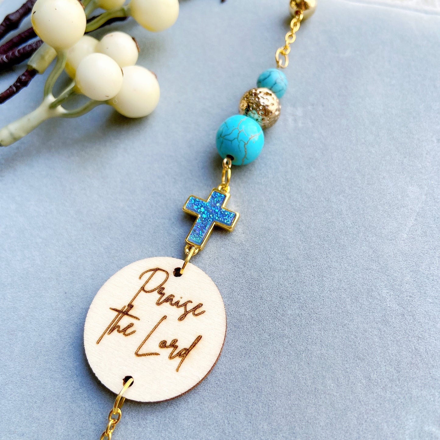 Druzy Blue Turquoise Gemstone Cross Bible Verse with Lava Stones Car Hanging Charm