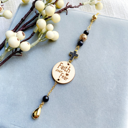 Druzy Blue Sandstone Gemstone Cross Bible Verse with Lava Stones Car Hanging Charm