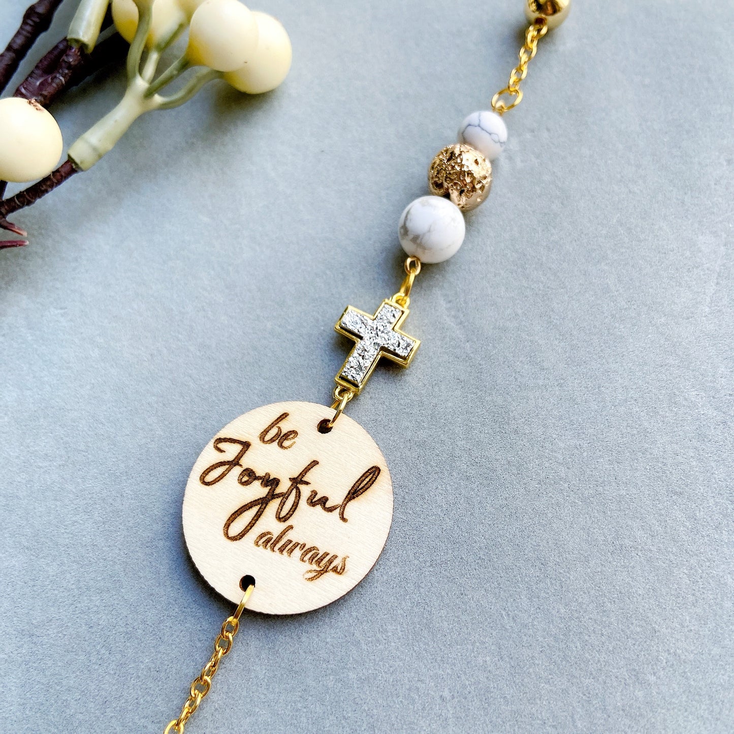 Druzy White Turquoise Gemstone Cross Bible Verse with Lava Stones Car Hanging Charm