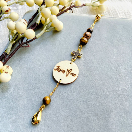 Druzy Tiger Eyes Gemstone Cross Bible Verse with Lava Stones Car Hanging Charm