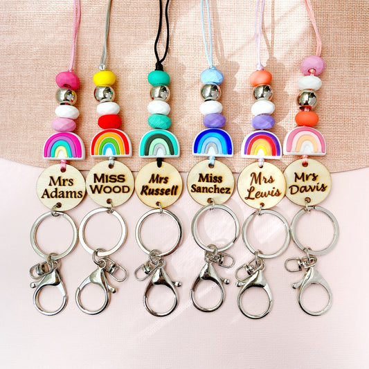 Rainbow Personalized Name Teacher ID Key Lanyard with Tassels