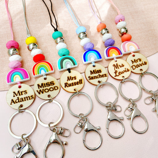Rainbow Personalized Name Teacher ID Key Lanyard with Tassels