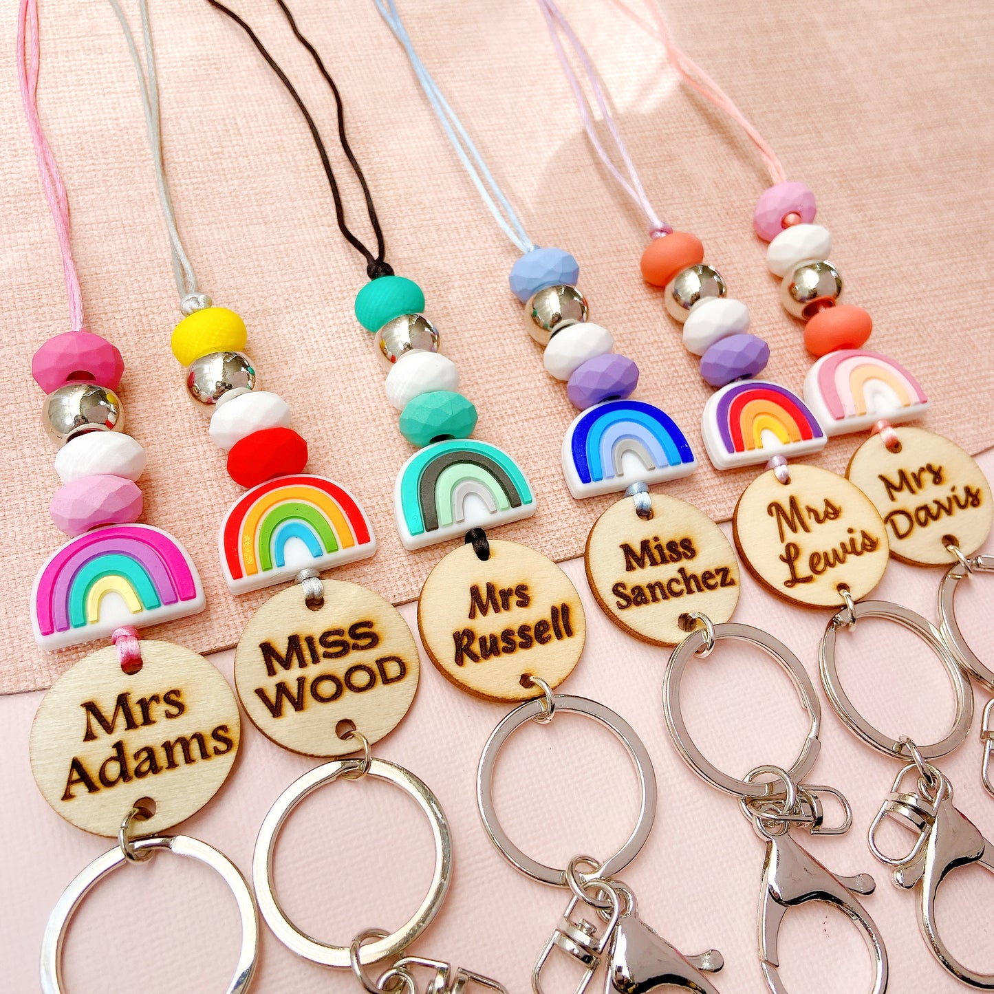 Rainbow Personalized Name Teacher ID Key Lanyard with Tassels