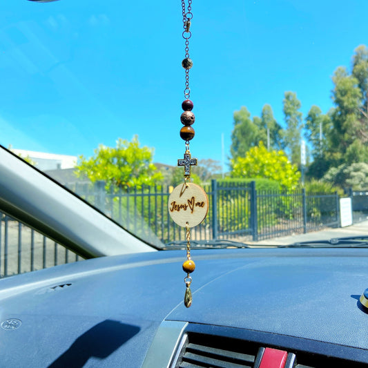 Druzy Tiger Eyes Gemstone Cross Bible Verse with Lava Stones Car Hanging Charm