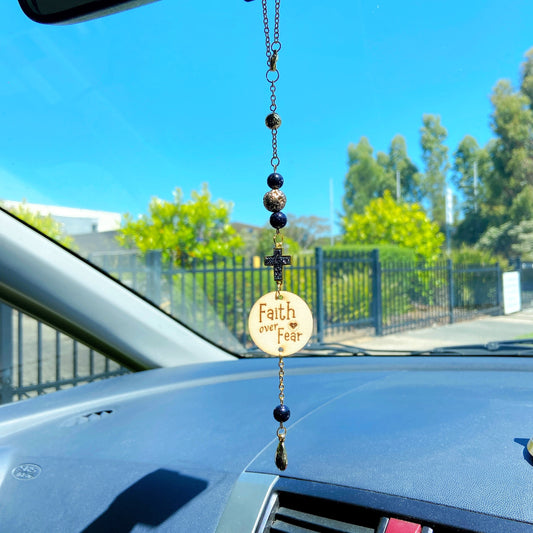 Druzy Blue Sandstone Gemstone Cross Bible Verse with Lava Stones Car Hanging Charm