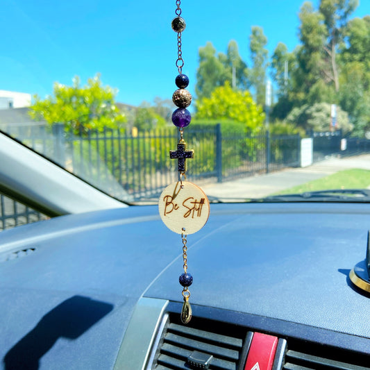 Druzy Amethyst Gemstone Cross Bible Verse with Lava Stones Car Hanging Charm
