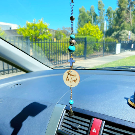 Druzy Blue Turquoise Gemstone Cross Bible Verse with Lava Stones Car Hanging Charm