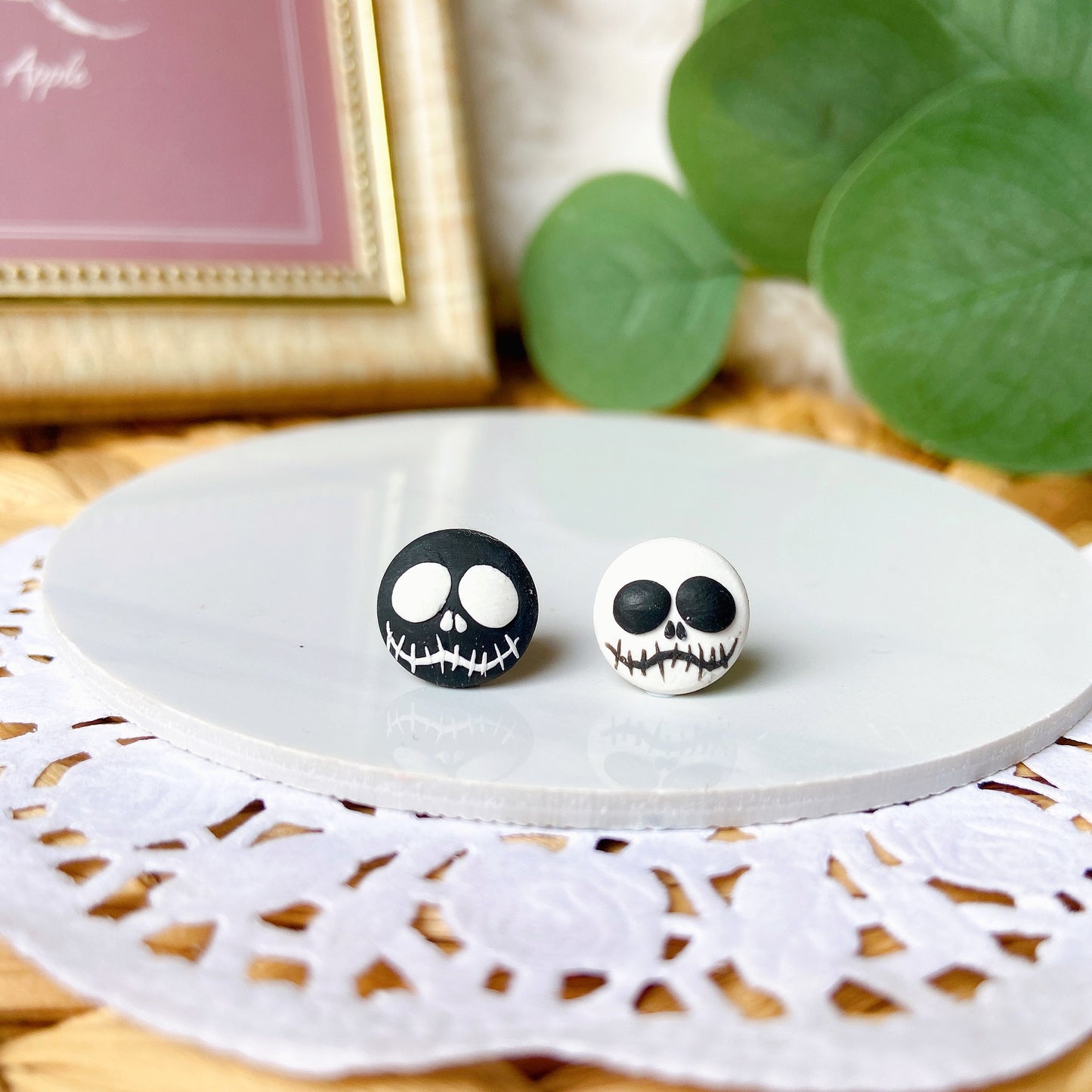 Black & White Halloween Skull Polymer Clay Hypoallergenic Stud Earrings