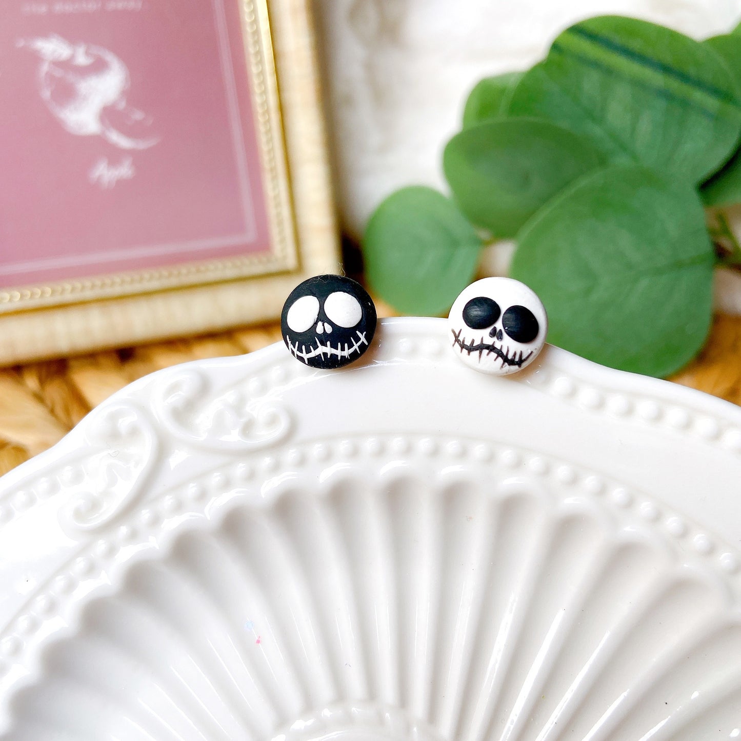 Black & White Halloween Skull Polymer Clay Hypoallergenic Stud Earrings