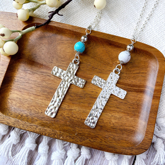 Embossed Silver Cross with Turquoise Stones Rear View Mirror Accessories