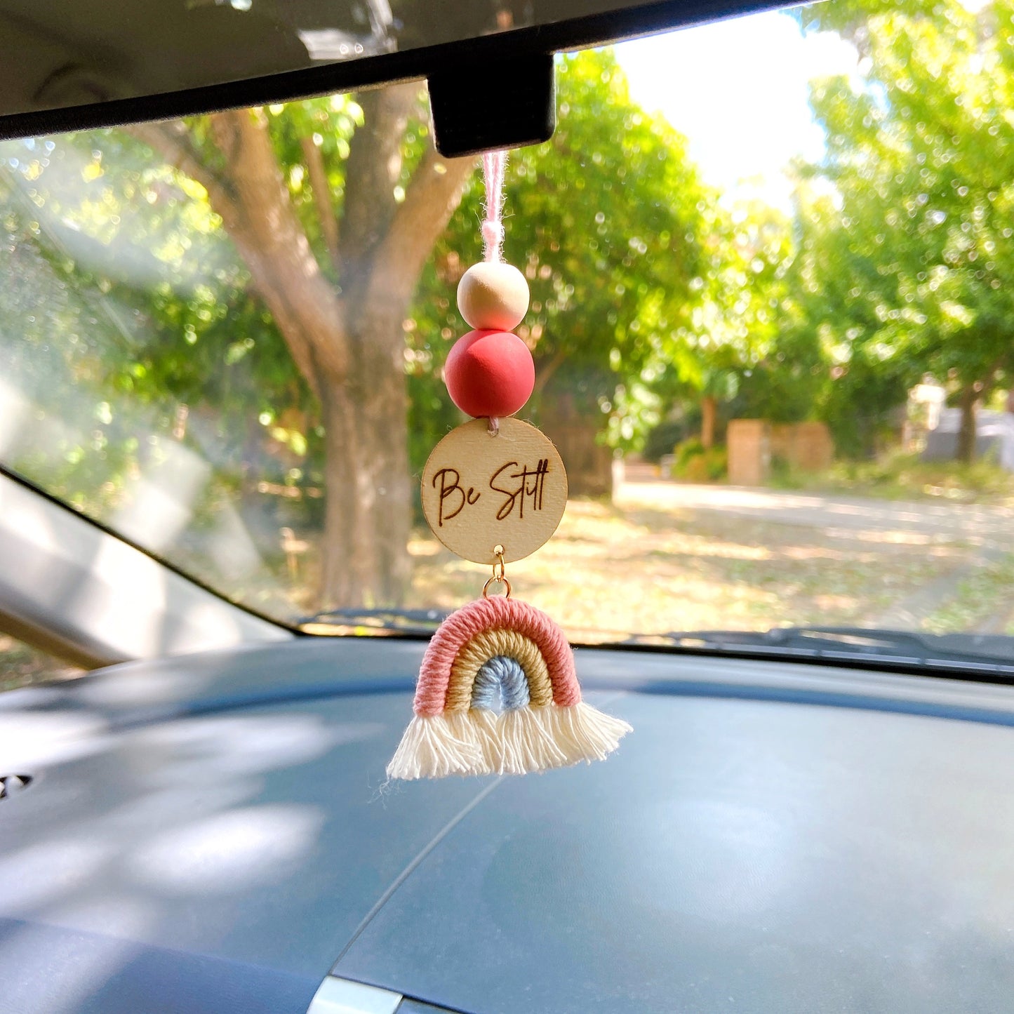 Pink and Blue Macrame Rainbow Car Diffuser with Bible Verse hanging charm